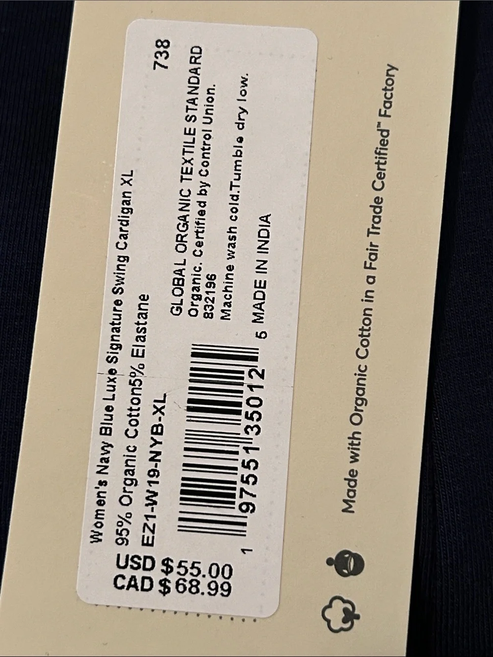 Pact Organic Cotton Luxe Signature Swing Cardigan Navy Blue Size XL New NWT